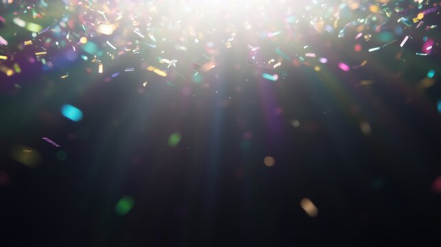 A vibrant display of colorful confetti falling against a dark background.