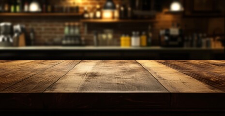 Empty wooden bar top, dimly lit bar background, restaurant scene