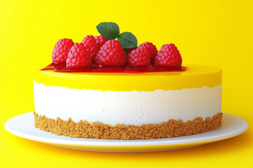 No-bake cheesecake with white and yellow layers, raspberry topping