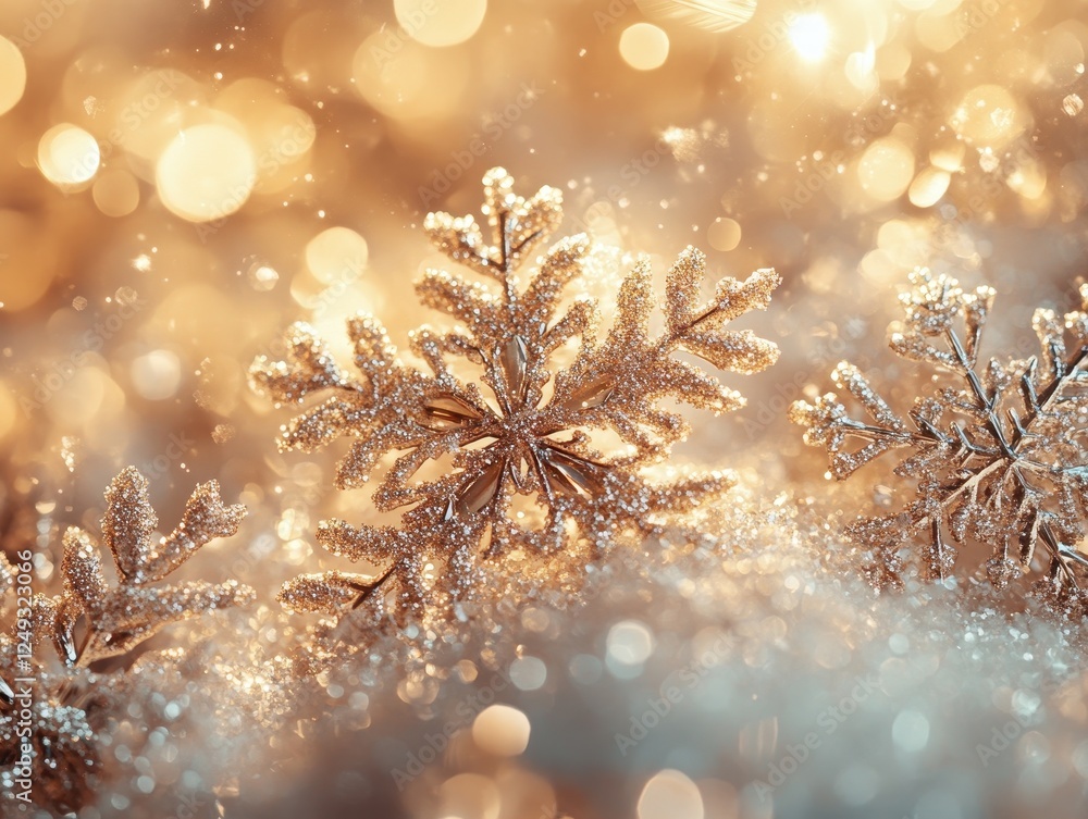 Poster A close-up of intricately designed snowflakes on a shimmering background.