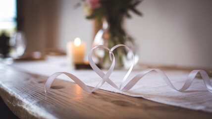 A heart shape made from white ribbon on a rustic wooden table, set for a romantic dinner with soft candlelight and a flower vase in the background.