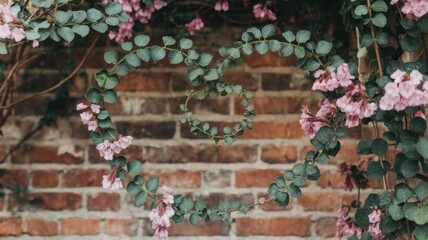 A heart-shaped arrangement of green leaves and pink flowers against a rustic brick wall, evoking feelings of love and tranquility.