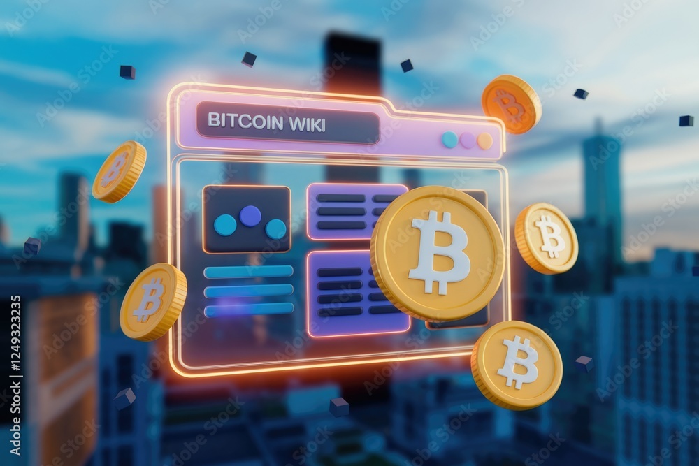 Poster bitcoin wiki webpage with 3d bitcoin coins flying around, illustrating cryptocurrency information.