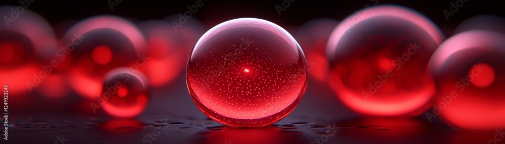 Poster a close-up view of glistening red spheres arranged artistically, showcasing reflections and a smooth