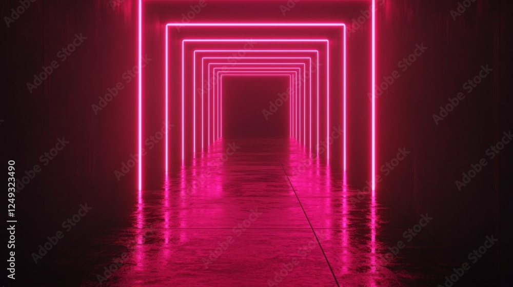 Poster a neon-lit corridor with pink lights creating a mesmerizing tunnel effect, reflecting on the shiny f