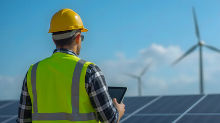 Engineer with Safety Gear and Tablet Monitoring Solar Panels and Wind Turbines in Renewable Energy Site Under Clear Blue Sky