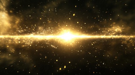 Obraz premium A stunning cosmic explosion with bright golden light and swirling particles in a dark space background.