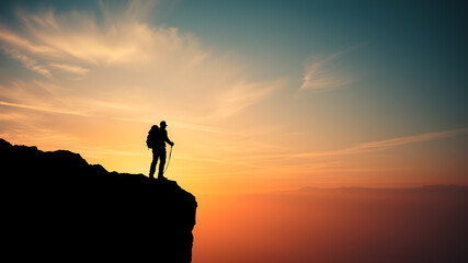 Obraz premium Far silhouette of exploration of an adventurous traveler on the blink of the cliff. AI generated image, ai