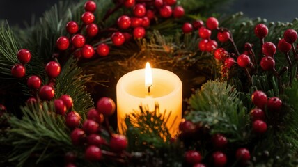 A warm candle flickers amidst festive greenery and vibrant red berries, creating a cozy holiday atmosphere.