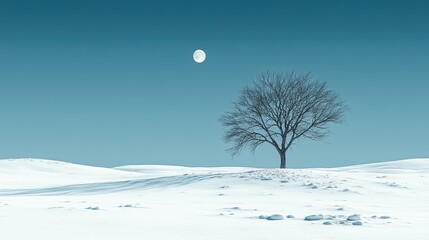 Lone tree, winter landscape, moonlit night, snow, serenity; desktop wallpaper