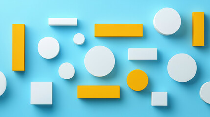 Bright geometric shapes in various sizes and colors on blue background