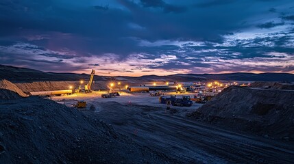 A construction site at night with a lot of equipment and trucks
