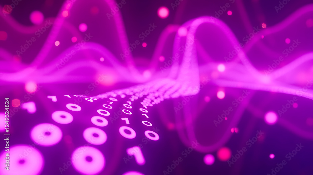 Poster abstract digital background with binary code, vibrant waves of purple and pink hues, glowing particl