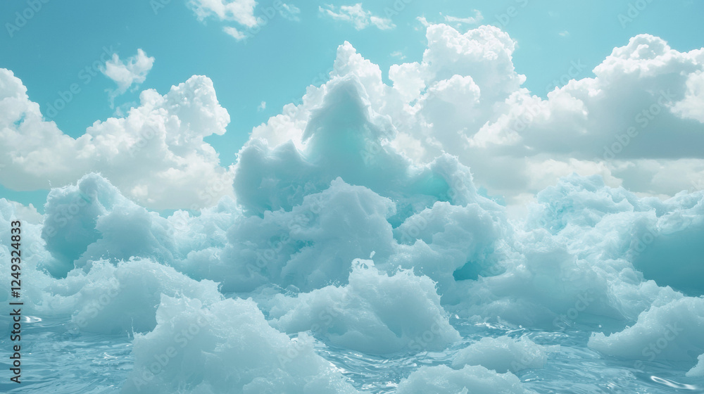 Poster Fluffy clouds and waves create serene atmosphere, evoking calmness and tranquility