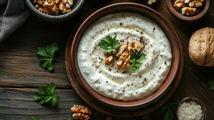 Creamy walnut dip rustic bowl wooden table parsley garnish overhead shot appetizing delicious healthy food photography Mediterranean cuisine