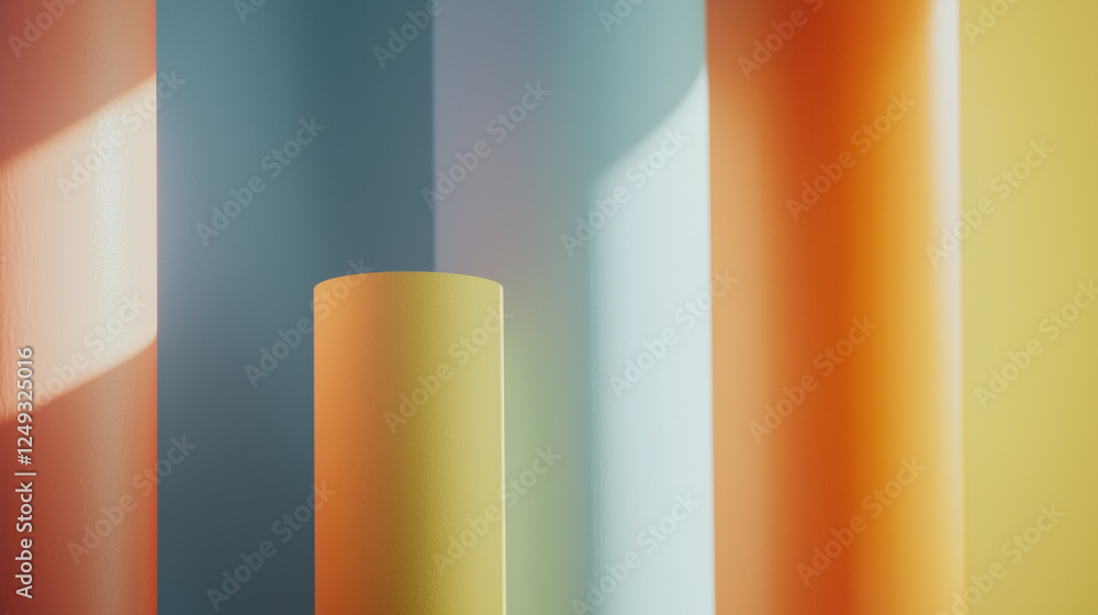 Poster bright colors and gradients create vibrant atmosphere with cylindrical shapes. interplay of light en
