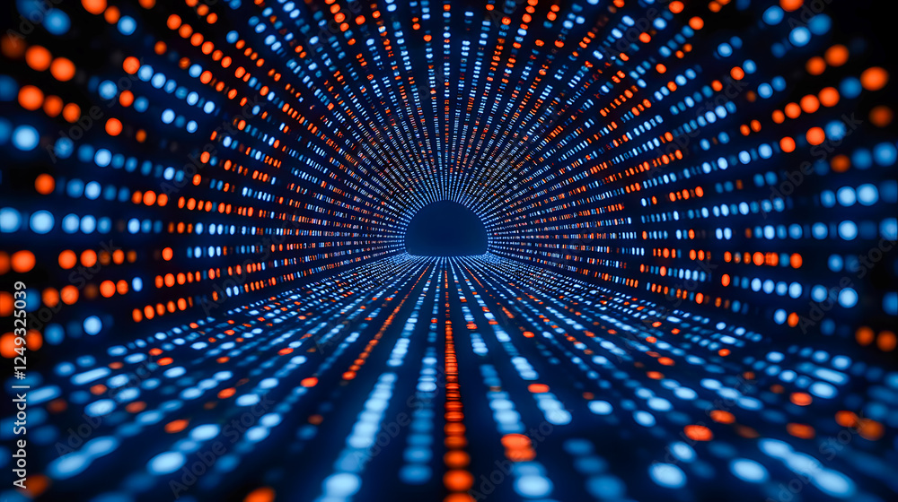 Poster abstract representation of light trails forming a tunnel with vibrant blue and orange dots creating 