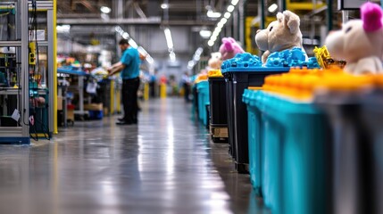 Inside a toy manufacturing facility, workers assemble plush toys while bins await quality checks
