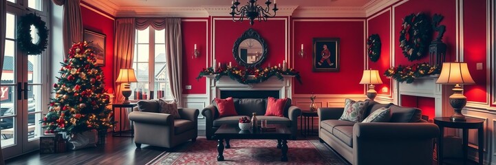 Beautiful cozy living room with festively decorated Christmas tree, stylish classic decor, red tones, holiday ambiance, Red, Living, Classic