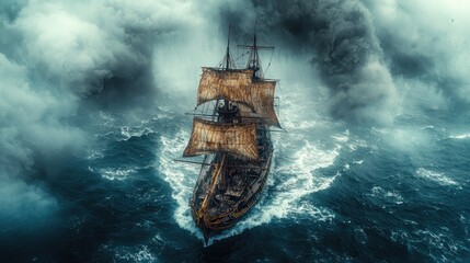Dramatic sailing ship navigating stormy seas with dark clouds in the background