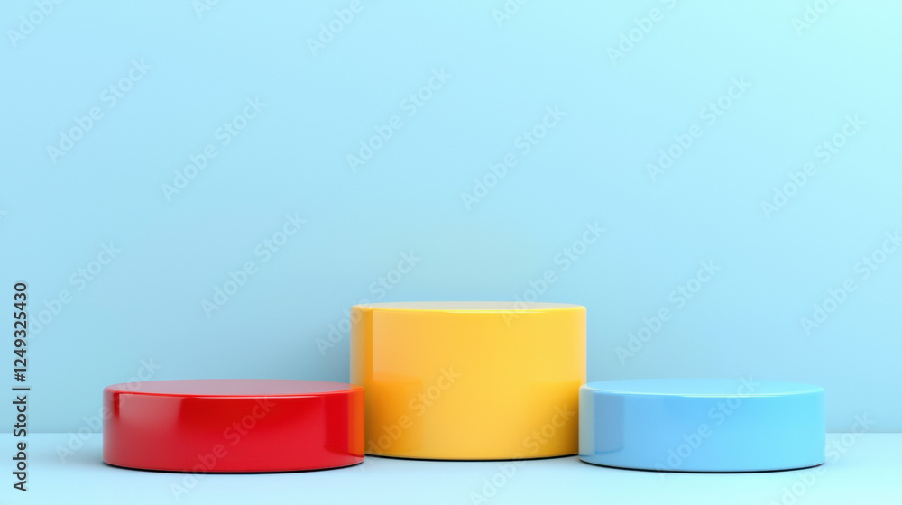 Poster minimalist shapes in primary colors on soft blue background create vibrant visual contrast