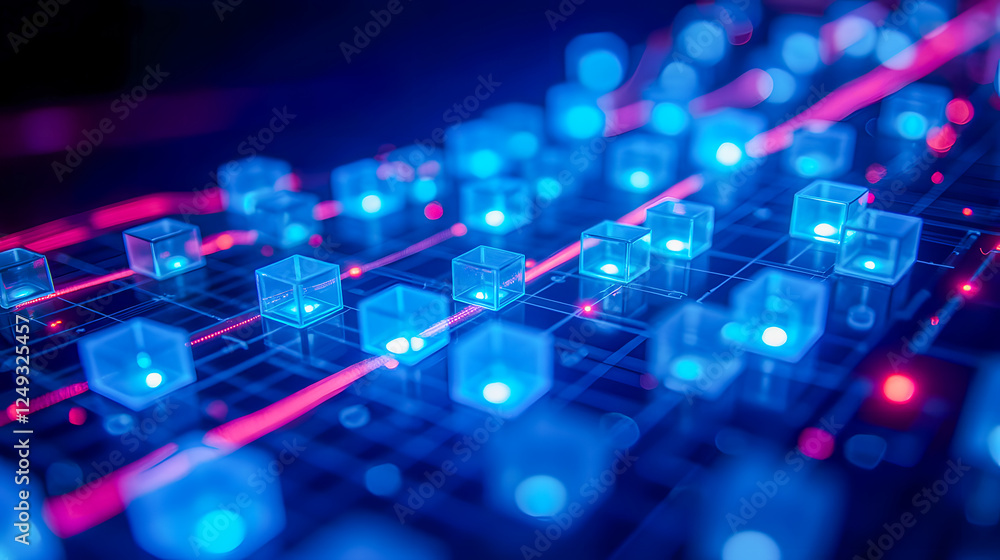 Poster digital technology background with glowing blue cubes and red lines in a futuristic abstract design 