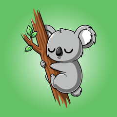 Cute Koala Sleeping on Branch Cartoon Vector Icon Illustration Animal Nature Icon Isolated Flat Vector