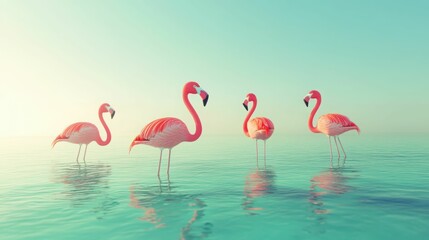 Obraz premium Graceful flamingos standing in serene shallow water with soft sky reflections