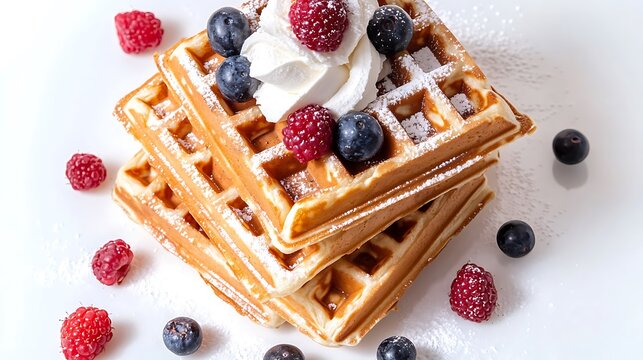 A stack of Belgian waffles topped with fresh berries, whipped cream, and powdered sugar, on a bright white background