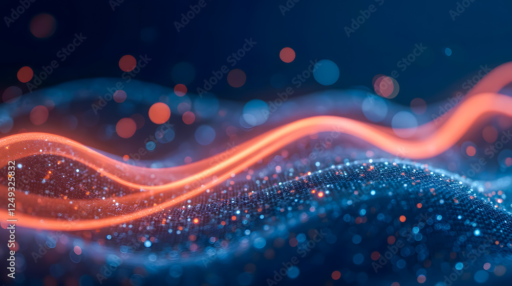 Poster abstract digital waves of glowing particles in vivid blue and orange hues creating a mesmerizing vis