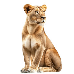 Obraz premium Majestic Lioness Sitting on White Background