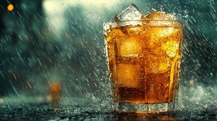 Iced drink in glass, rain, night, cafe