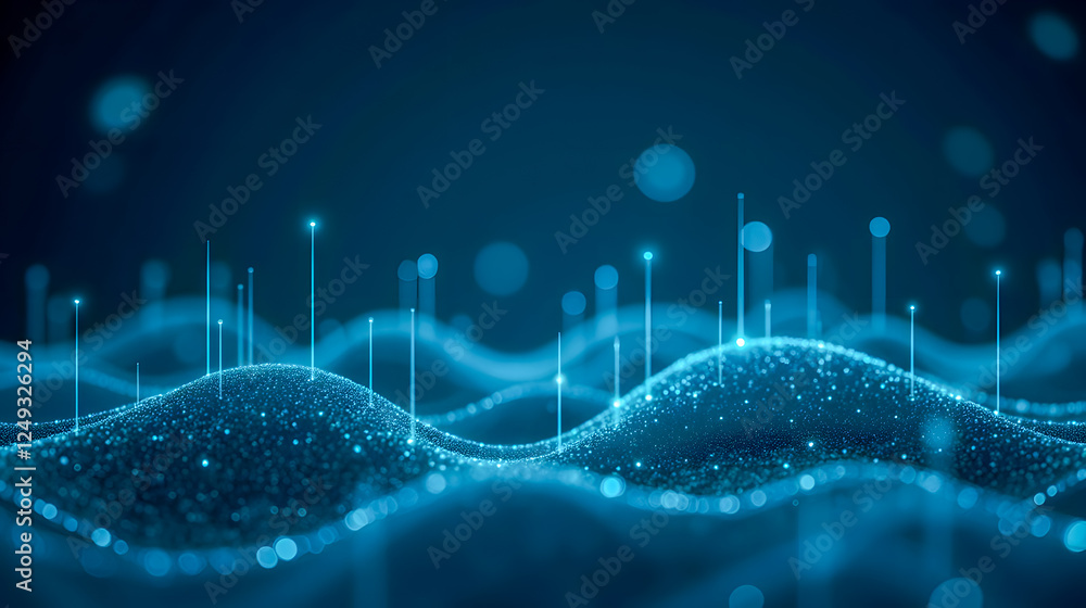 Poster abstract digital landscape with glowing blue particles and light beams creating an illusion of waves