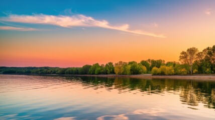 Obraz premium A serene sunset over a calm river, reflecting vibrant hues of orange, pink, and blue skies, with lush trees lining the banks.