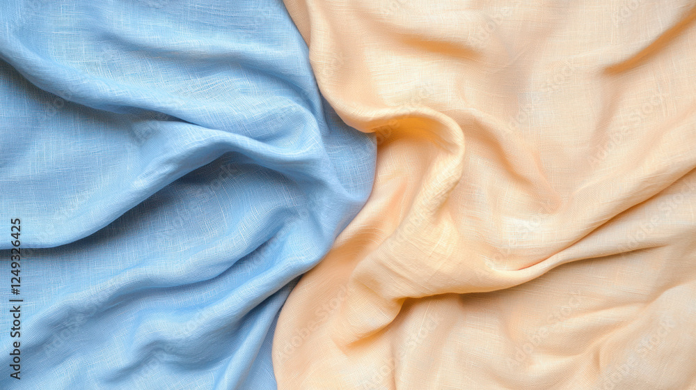 Poster soft textures in blue and orange fabrics create calming atmosphere