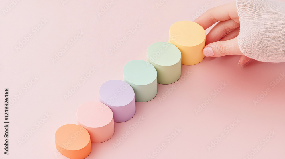 Fototapete pastel colored circular shapes arranged in line, with hand reaching for one. soft hues create calmin