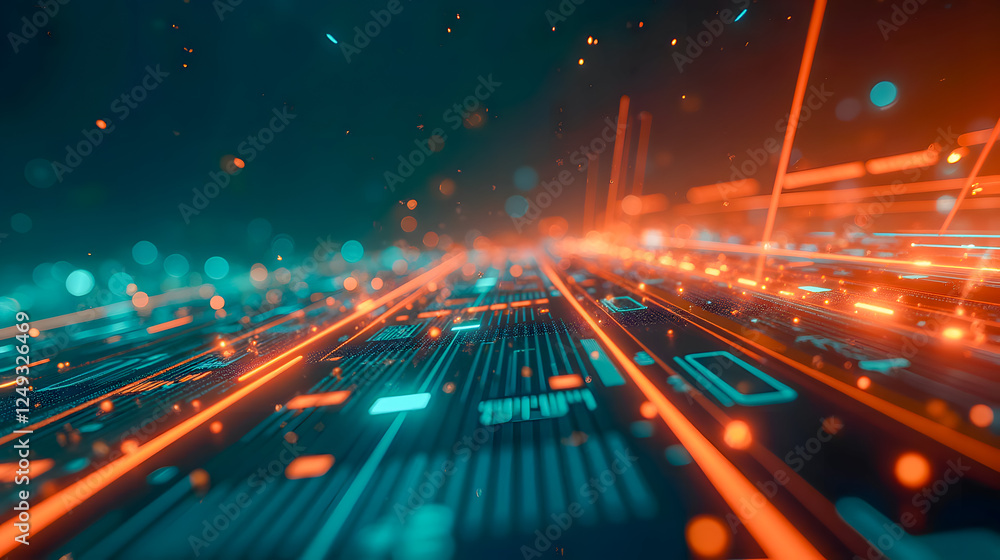 Poster abstract digital landscape with glowing lines and particles creating a futuristic environment for te