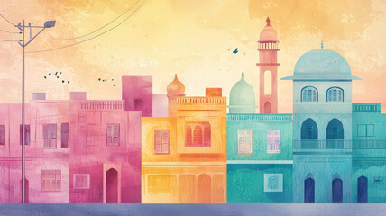 Colorful buildings in vibrant cityscape with sunset backdrop