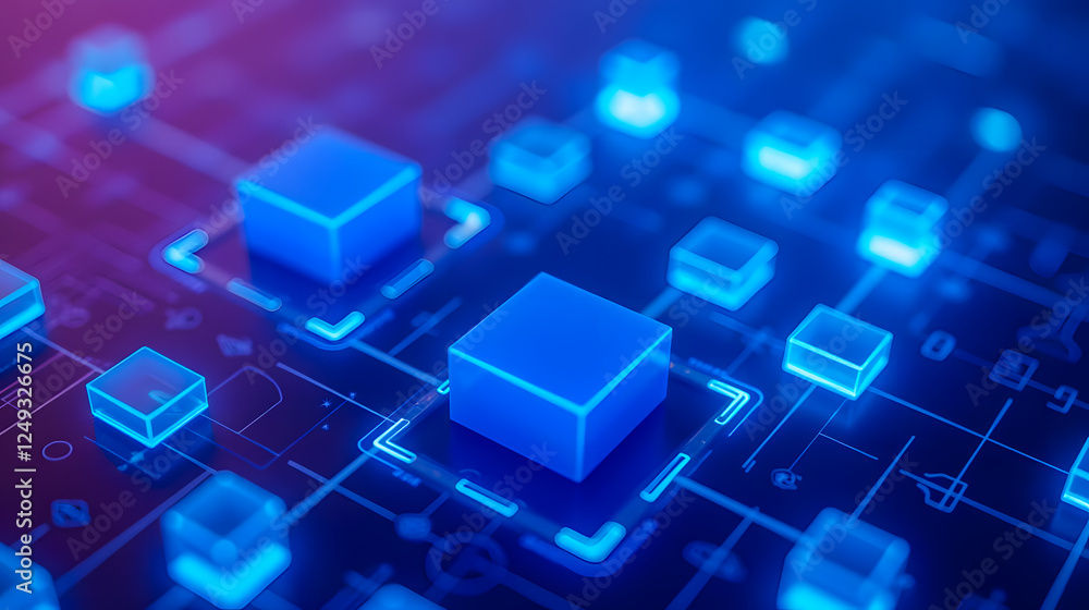 Poster abstract digital technology background showcasing glowing blue blocks connected by a circuit pattern