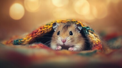 A small hamster peeking out from a colorful knitted blanket.