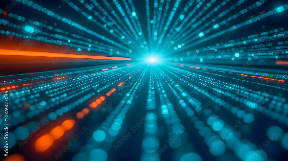 Poster abstract futuristic digital technology design with glowing blue and orange light rays creating a sen
