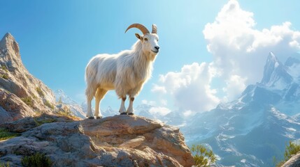 Majestic mountain goat standing on rocky peak in stunning mountain landscape