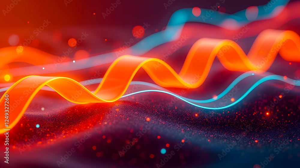 Poster bright neon waves on abstract background with colorful dots and sparkles in blue and orange tones fo