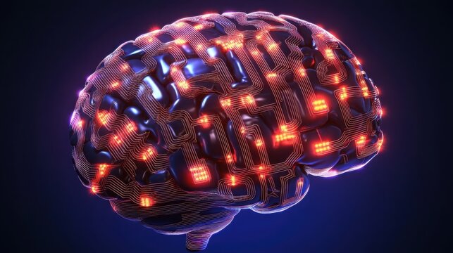 A 3D cartoon AI brain with glowing circuits, symbolizing artificial intelligence and deep learning.
