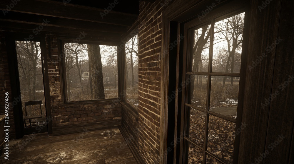Poster brick wall and window views of trees with a chair on an overcast day in an abandoned room.