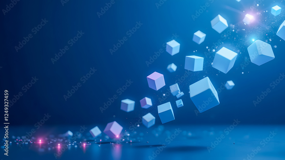 Poster abstract 3d rendering of flying cubes with soft color gradients against a blue background creating a