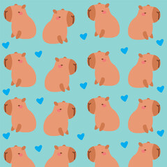 Cute capybaras Cozy seamless pattern with capybara hearts on a blue background. Textile, wrapping paper, wallpaper design. Print for fabric. Vector children background