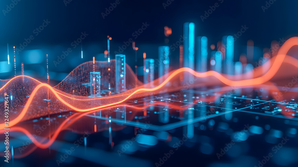 Poster futuristic data visualization with digital bars and waves representing financial metrics and statist