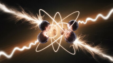 An artistic representation of atomic interactions, showcasing electric energy and atomic particles with dynamic lighting and vibrant colors.