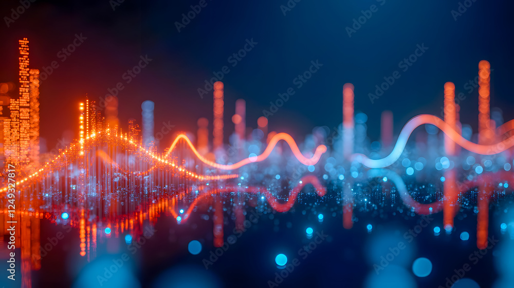 Poster abstract digital visualization of financial data and market trends with glowing lines and bokeh effe